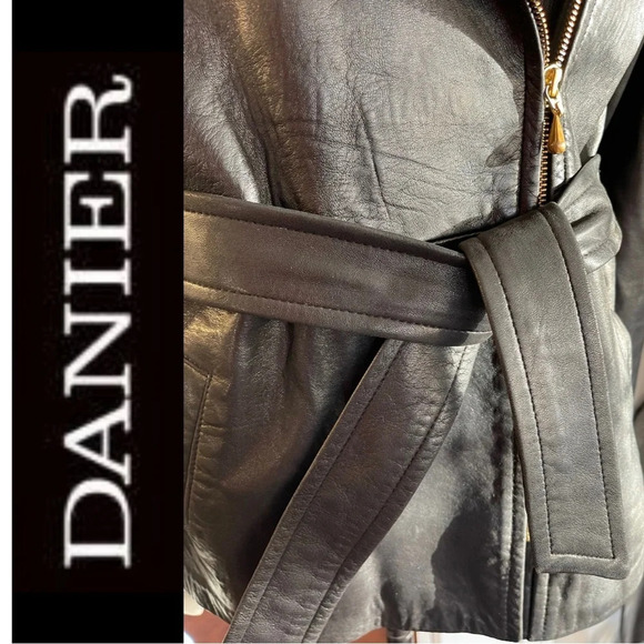 Danier Leather Coat Motorcycle Jacket Black Leather Belted  Coat Small - Picture 7 of 9